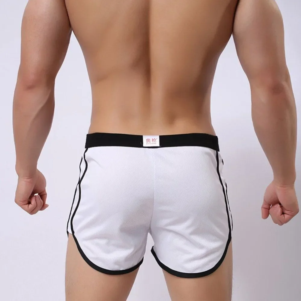 Men's Retro Gym Shorts Trunks with Pouch White